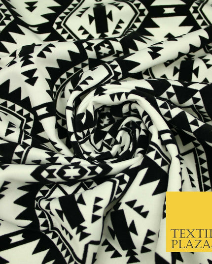 High Quality Black & White Flocked Aztec Spike Tribal Stretch Jersey Fabric 3953