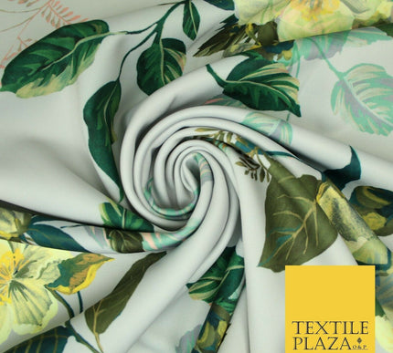 Silver Grey Buttercup Floral Leafy Printed Stretch Scuba Jersey Fabric 59" 3947