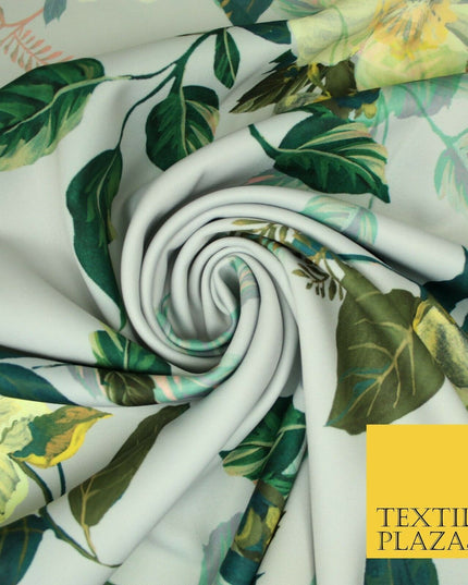 Silver Grey Buttercup Floral Leafy Printed Stretch Scuba Jersey Fabric 59" 3947