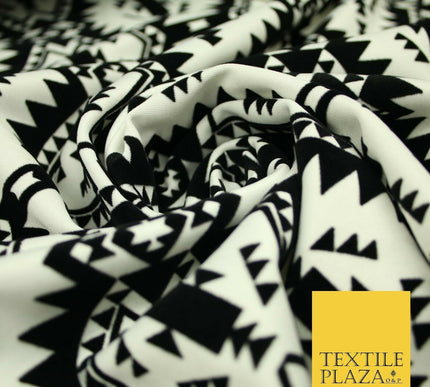 High Quality Black & White Flocked Aztec Spike Tribal Stretch Jersey Fabric 3953