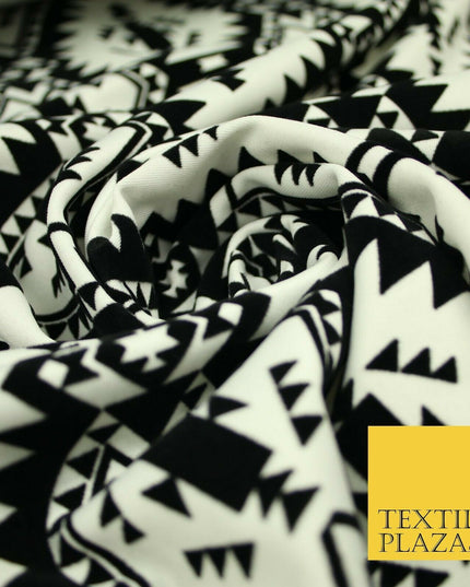 High Quality Black & White Flocked Aztec Spike Tribal Stretch Jersey Fabric 3953