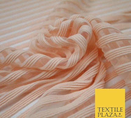 Blush Ivory Black Premium Corded Ribbed Striped Raised Net Stretch Dress Fabric