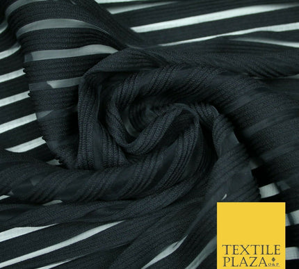 Blush Ivory Black Premium Corded Ribbed Striped Raised Net Stretch Dress Fabric