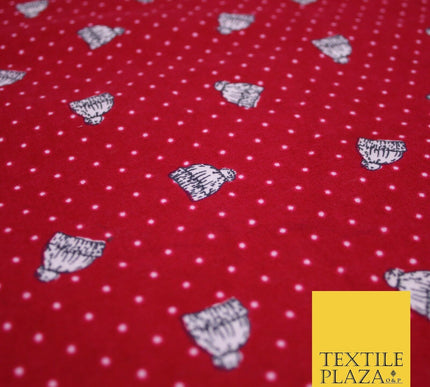 Red Pin Dot Falling Bobble Hats Winceyette Soft Brushed Cotton Print Fabric 3970