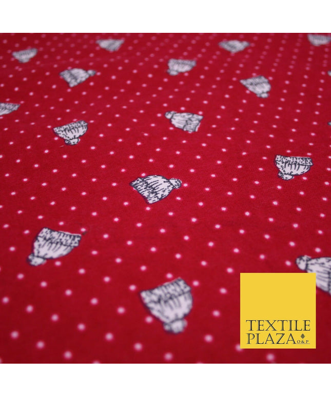 Red Pin Dot Falling Bobble Hats Winceyette Soft Brushed Cotton Print Fabric 3970