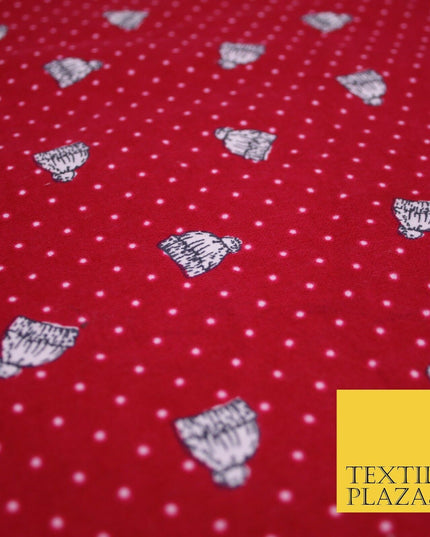 Red Pin Dot Falling Bobble Hats Winceyette Soft Brushed Cotton Print Fabric 3970