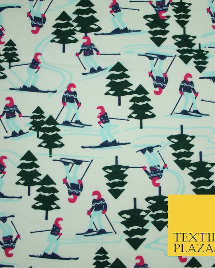 Ivory Alpine Skiing Snow Trees Winceyette Soft Brushed Cotton Print Fabric 3961