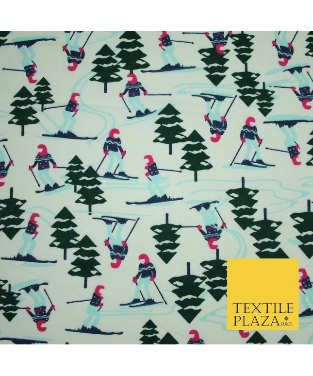 Ivory Alpine Skiing Snow Trees Winceyette Soft Brushed Cotton Print Fabric 3961