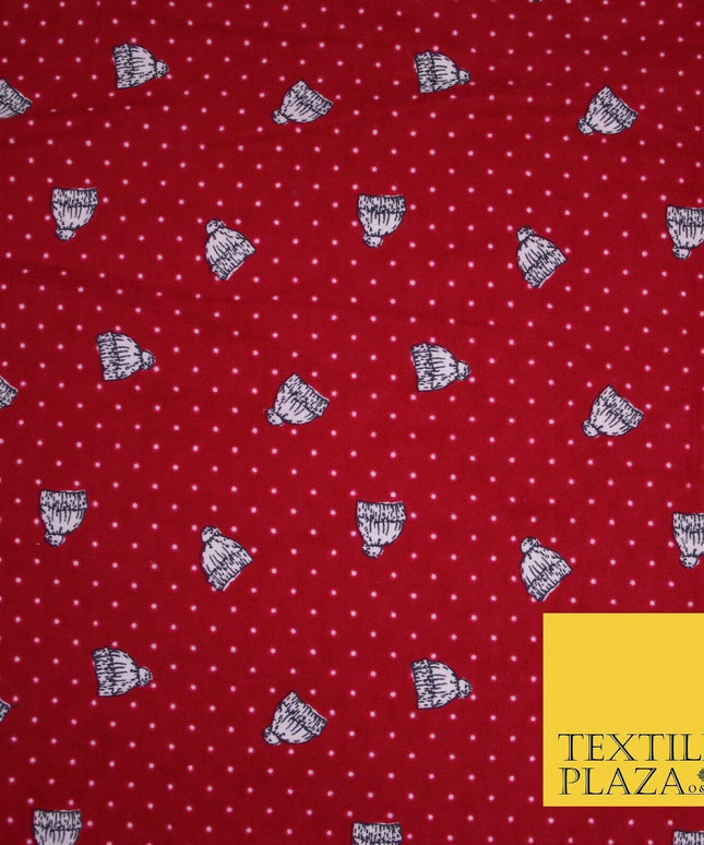 Red Pin Dot Falling Bobble Hats Winceyette Soft Brushed Cotton Print Fabric 3970