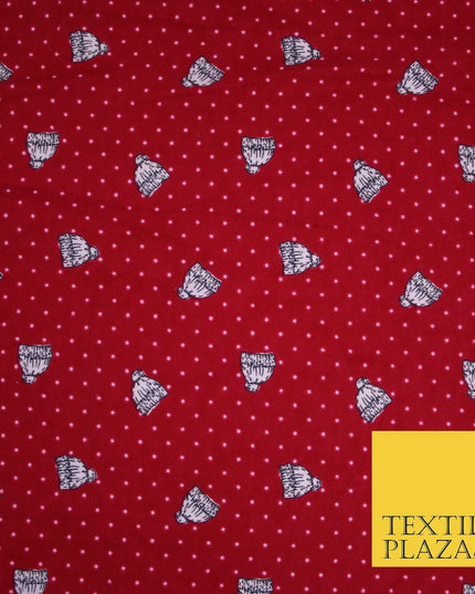 Red Pin Dot Falling Bobble Hats Winceyette Soft Brushed Cotton Print Fabric 3970