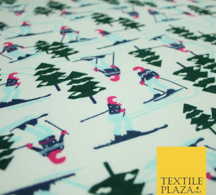 Ivory Alpine Skiing Snow Trees Winceyette Soft Brushed Cotton Print Fabric 3961