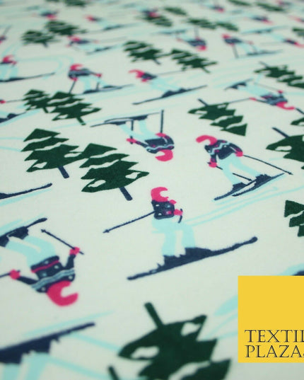 Ivory Alpine Skiing Snow Trees Winceyette Soft Brushed Cotton Print Fabric 3961