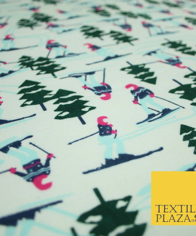 Ivory Alpine Skiing Snow Trees Winceyette Soft Brushed Cotton Print Fabric 3961