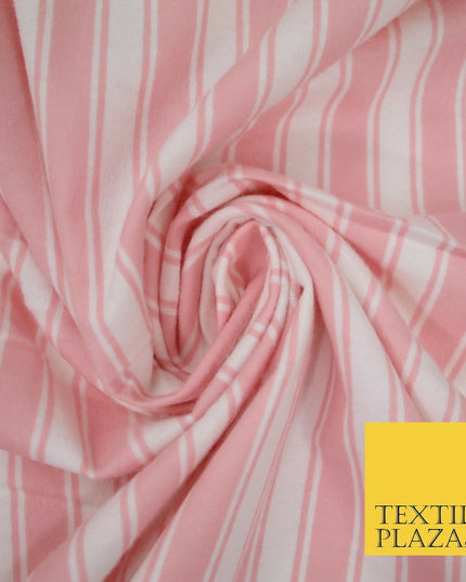 Pink White Bar Striped Lines Winceyette Soft Brushed Cotton Print Fabric 3972
