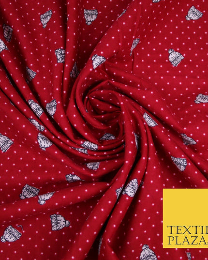 Red Pin Dot Falling Bobble Hats Winceyette Soft Brushed Cotton Print Fabric 3970
