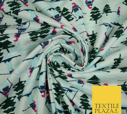 Ivory Alpine Skiing Snow Trees Winceyette Soft Brushed Cotton Print Fabric 3961