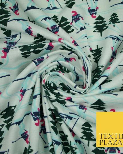 Ivory Alpine Skiing Snow Trees Winceyette Soft Brushed Cotton Print Fabric 3961