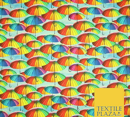 Multicolour Rainbow Umbrella Printed 100% Cotton Digital Fabric Craft 150cm 59" 4029