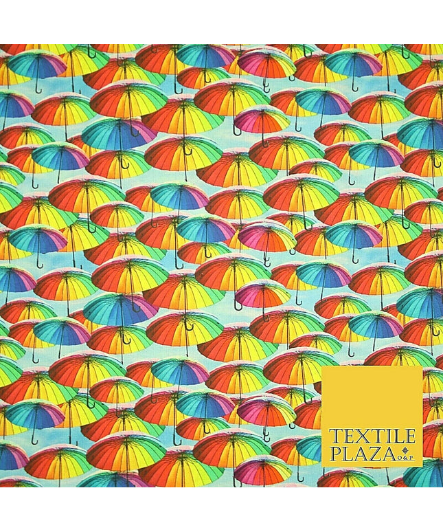 Multicolour Rainbow Umbrella Printed 100% Cotton Digital Fabric Craft 150cm 59" 4029