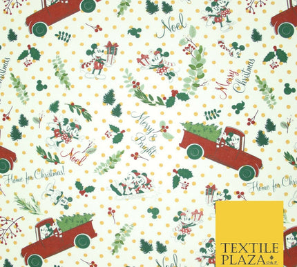Mickey Minnie Disney Licensed Christmas Holly Printed Fabric 100% Cotton 150cm