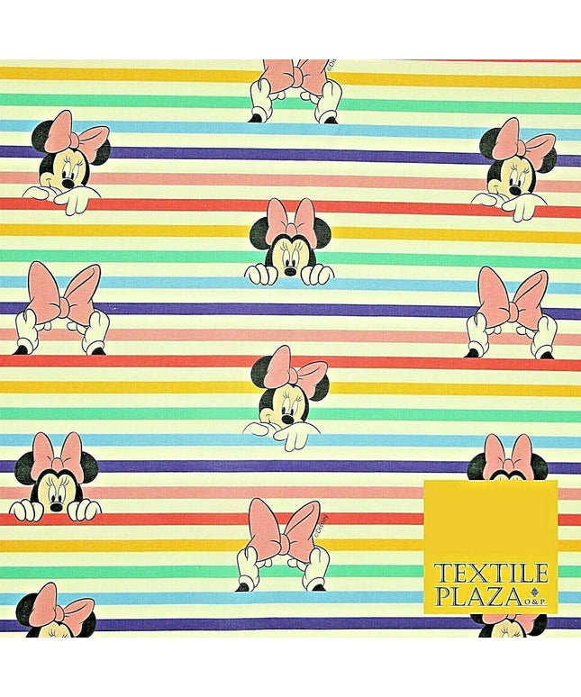 Disney Minnie Mouse Licensed Rainbow Stripe Printed 100% Cotton Fabric 150cm 59"