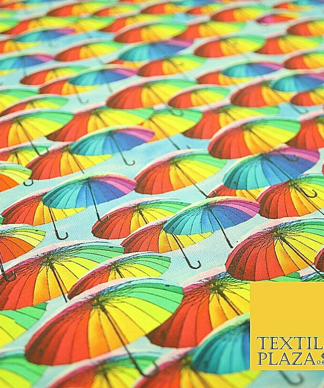 Multicolour Rainbow Umbrella Printed 100% Cotton Digital Fabric Craft 150cm 59" 4029
