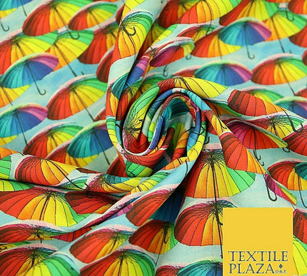 Multicolour Rainbow Umbrella Printed 100% Cotton Digital Fabric Craft 150cm 59" 4029