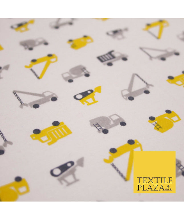 White Lorry Construction Truck Winceyette Soft Brushed Cotton Print Fabric 3983