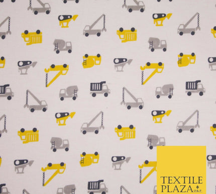 White Lorry Construction Truck Winceyette Soft Brushed Cotton Print Fabric 3983