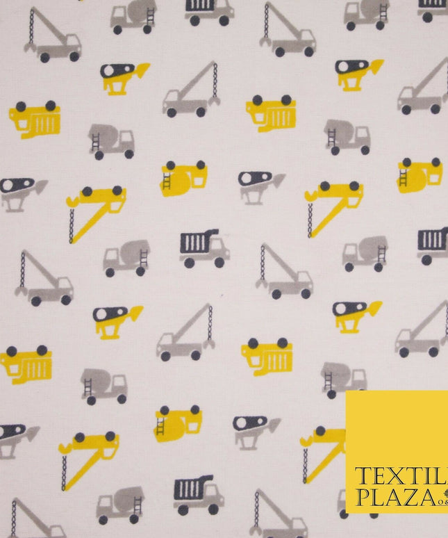 White Lorry Construction Truck Winceyette Soft Brushed Cotton Print Fabric 3983