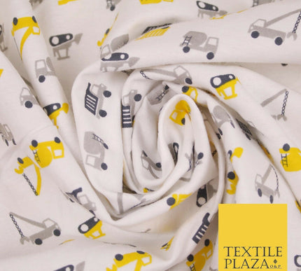 White Lorry Construction Truck Winceyette Soft Brushed Cotton Print Fabric 3983