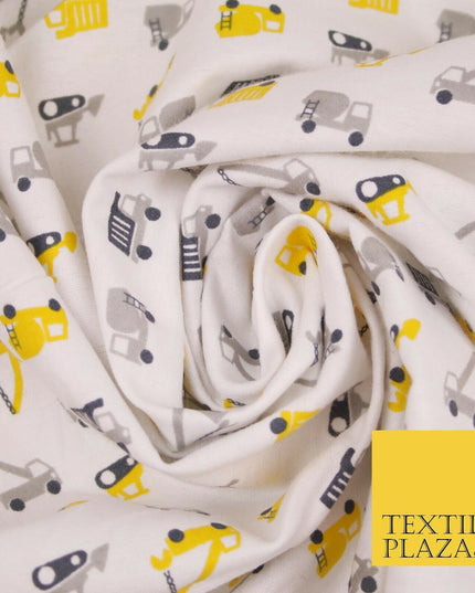 White Lorry Construction Truck Winceyette Soft Brushed Cotton Print Fabric 3983