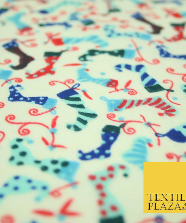 Christmas Festive Fancy Stocking Socks Printed Poly Cotton Fabric Polycotton 45"