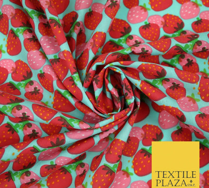 Strawberry Fruit Falling Strawberries Printed Poly Cotton Fabric Polycotton 44"