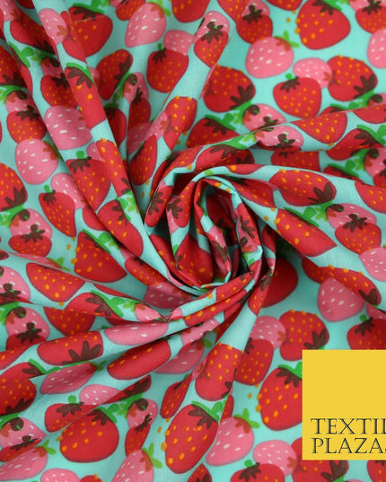 Strawberry Fruit Falling Strawberries Printed Poly Cotton Fabric Polycotton 44"