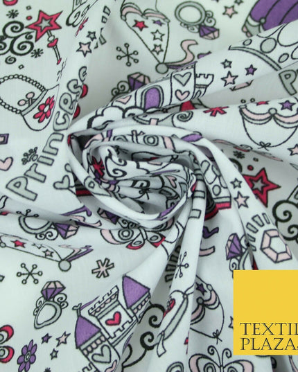 Royal Princess Girly Crown Jewels Printed Poly Cotton Fabric Polycotton Mask 44"