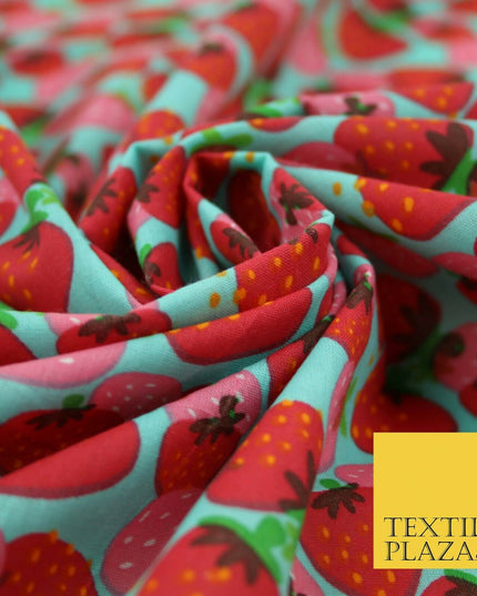 Strawberry Fruit Falling Strawberries Printed Poly Cotton Fabric Polycotton 44"