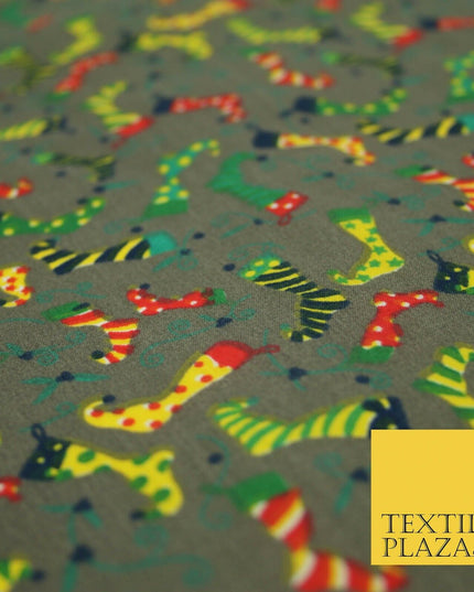 Christmas Festive Fancy Stocking Socks Printed Poly Cotton Fabric Polycotton 45"