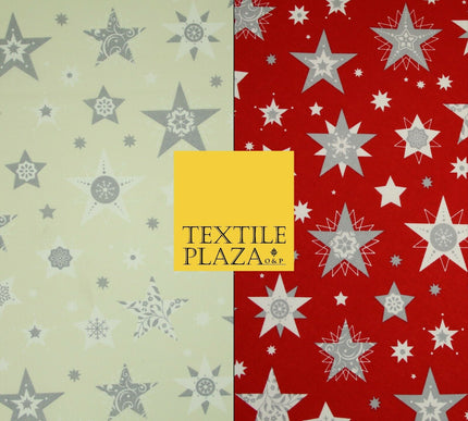 Festive Christmas Grey Multi Stars Snowflakes Printed 100% Cotton Fabric 56"