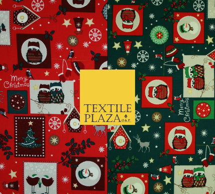 Festive Christmas Patchwork Owls Snowman Stars Printed 100% Cotton Fabric 54"