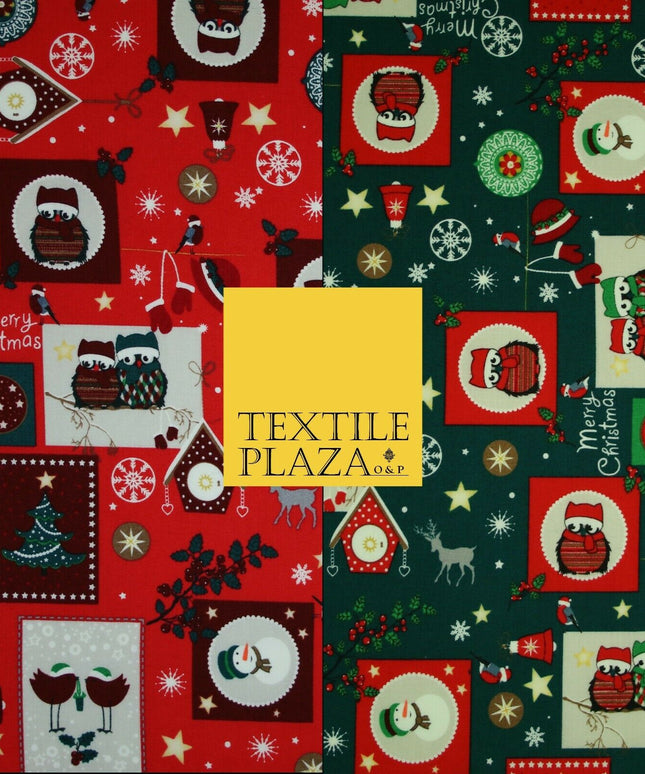 Festive Christmas Patchwork Owls Snowman Stars Printed 100% Cotton Fabric 54"