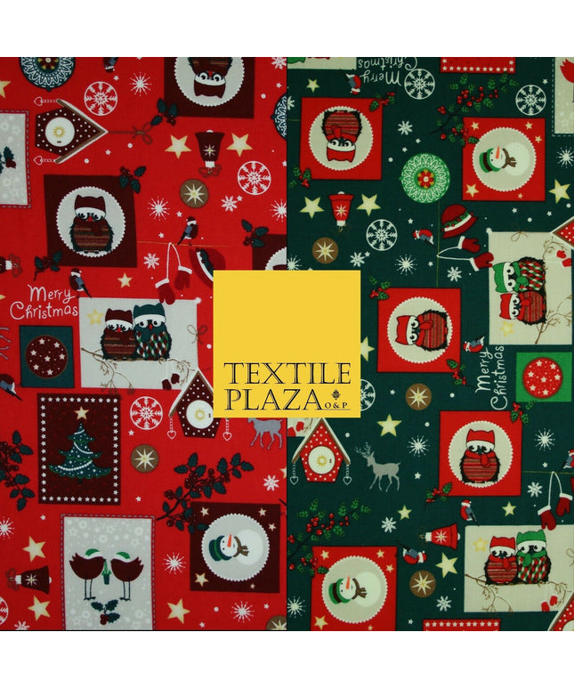 Festive Christmas Patchwork Owls Snowman Stars Printed 100% Cotton Fabric 54"