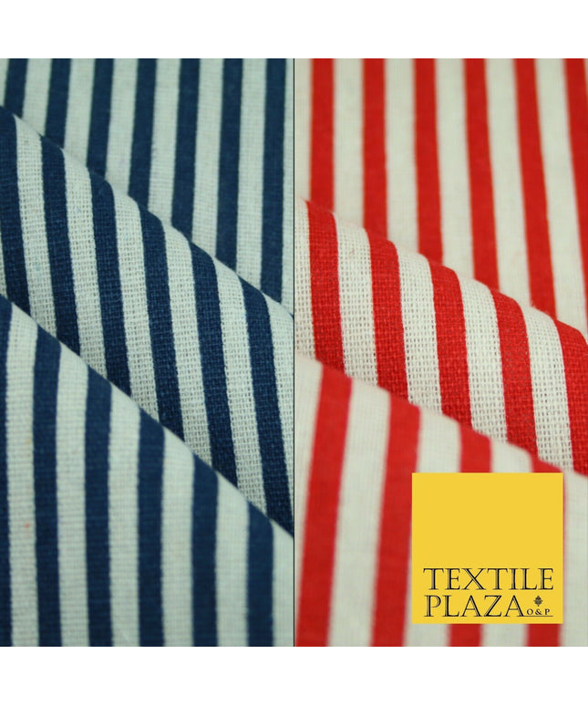 Navy Blue Red 5mm Bengal Candy Stripes Lines Printed 100% Cotton Linen Fabric60"