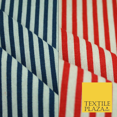 Navy Blue Red 5mm Bengal Candy Stripes Lines Printed 100% Cotton Linen Fabric60"