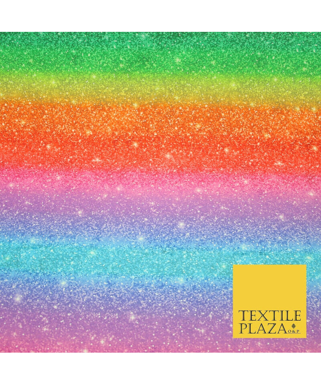 Colourful Chunky Glitter Rainbow Shaded Printed 100% Cotton Fabric Pride NHS 59"