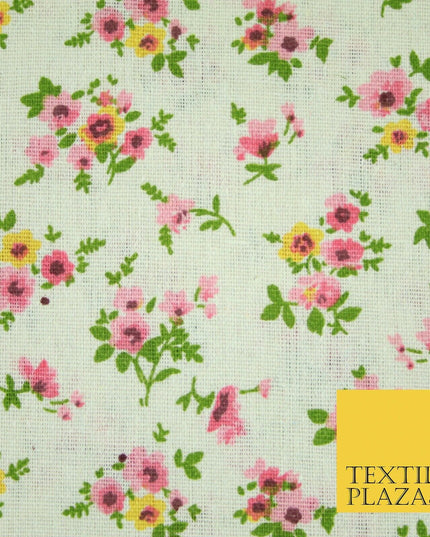 Watercolour Pink Floral Garden Flowers Printed 100% Cotton Linen Fabric 60" Wide