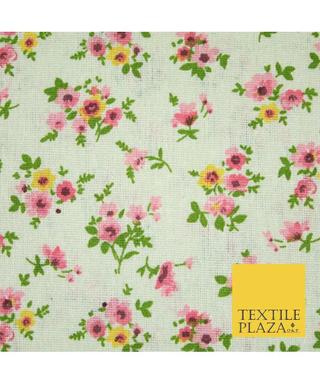 Watercolour Pink Floral Garden Flowers Printed 100% Cotton Linen Fabric 60" Wide