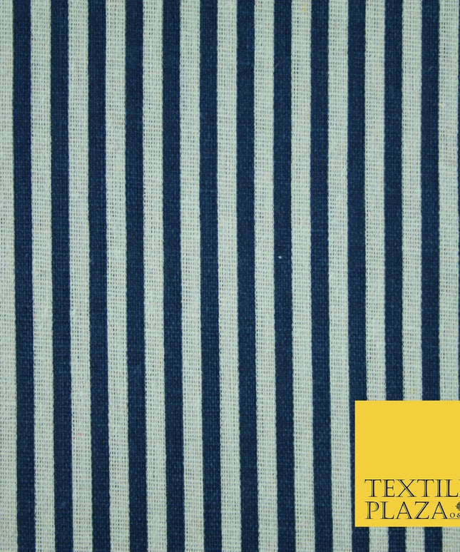 Navy Blue Red 5mm Bengal Candy Stripes Lines Printed 100% Cotton Linen Fabric60"