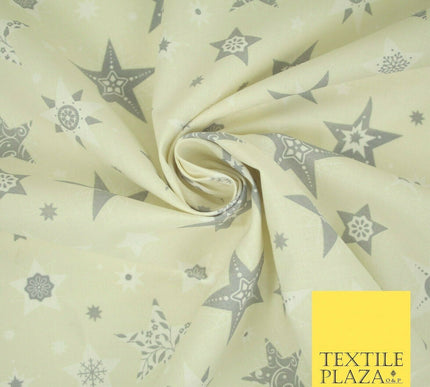 Festive Christmas Grey Multi Stars Snowflakes Printed 100% Cotton Fabric 56"