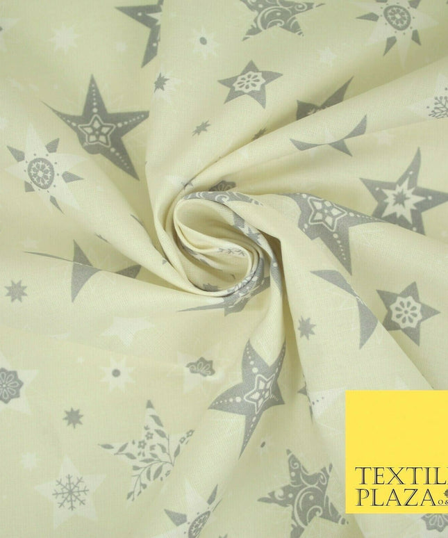 Festive Christmas Grey Multi Stars Snowflakes Printed 100% Cotton Fabric 56"